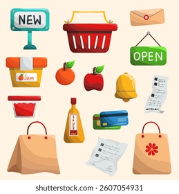  shopping icons,gift boxes, price tags, percentage discounts, and sale signs, all in a playful, colorful design. featuring items like shopping carts, 
