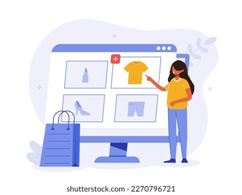 Shopping illustration concept. Girl makes purchase in web version of online store. Catalog of goods on computer screen. Shopping package. Shopping creative flat vector.