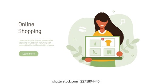 Shopping illustration concept. Woman makes purchases through mobile version of application or website in online store. Shopping creative flat vector.