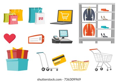 Shopping illustrations set. Collection of laptop, shelves with clothes, cash box, tag, gift box, credit plastic card, trollery, basket. Vector cartoon illustrations isolated on white background.