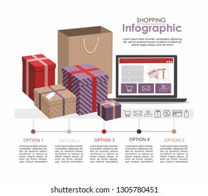 Shopping infographic concept Computer, gifts and shopping bag isolated on white