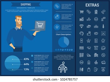Shopping infographic template, elements and icons. Infograph includes customizable graphs, charts, line icon set with shopping cart, online store, mobile shop, price tag, retail business etc.