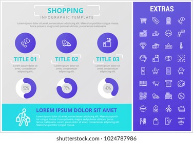 Shopping infographic template, elements and icons. Infograph includes customizable graphs, charts, line icon set with shopping cart, online store, mobile shop, price tag, retail business etc.