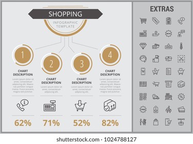 Plantilla, elementos e iconos de la infografía de compras. Infograph incluye gráficos numerados personalizables, conjunto de iconos de línea con carrito de la compra, tienda en línea, tienda móvil, etiqueta de precio, comercio minorista, etc.