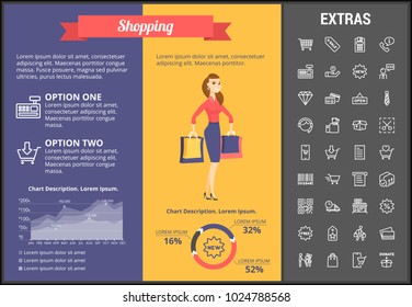 Shopping infographic template, elements and icons. Infograph includes customizable graphs, charts, line icon set with shopping cart, online store, mobile shop, price tag, retail business etc.