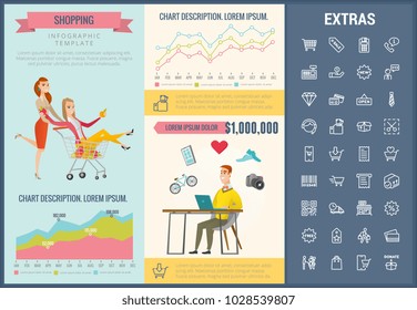 Shopping infographic template, elements and icons. Infograph includes customizable graphs, charts, line icon set with shopping cart, online store, mobile shop, price tag, retail business etc.