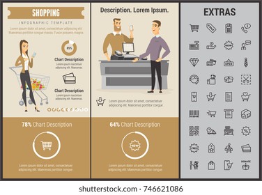 Shopping Infografik Vorlage, Elemente und Symbole. Infograph beinhaltet anpassbare Grafiken, Diagramme, Line Icon Set mit Einkaufswagen, Online-Shop, Handy-Shop, Preisschild, Einzelhandel etc.