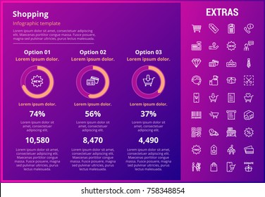 Plantilla, elementos e iconos de la infografía de compras. Infograph incluye gráficos personalizables, tres opciones, juego de iconos de línea con carrito de la compra, tienda online, tienda móvil, etiqueta de precio, comercio minorista, etc.