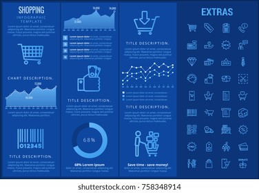 Plantilla, elementos e iconos de la infografía de compras. Infograph incluye gráficos personalizables, gráficos, gráficos, juegos de iconos de línea con carrito de la compra, tienda online, tienda móvil, etiqueta de precios, comercio minorista, etc.