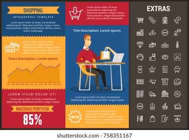 Plantilla, elementos e iconos de la infografía de compras. Infograph incluye gráficos personalizables, gráficos, gráficos, juegos de iconos de línea con carrito de la compra, tienda online, tienda móvil, etiqueta de precios, comercio minorista, etc.