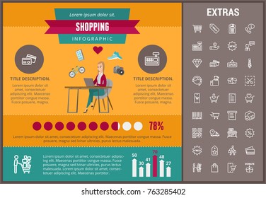 Shopping infographic template, elements and icons. Infograph includes customizable graphs, charts, line icon set with shopping cart, online store, mobile shop, price tag, retail business etc.