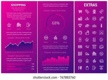 Shopping infographic template, elements and icons. Infograph includes customizable graphs, charts, line icon set with shopping cart, online store, mobile shop, price tag, retail business etc.