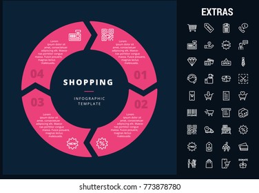 Shopping infographic template, elements and icons. Infograph includes customizable circular diagram, line icon set with shopping cart, online store, mobile shop, price tag, retail business etc.