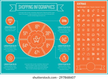 Shopping infographic template and elements. The template includes the following set of icons - cash register machine, QR code, barcode, hat, store stall, diamond and more. Modern minimalistic flat