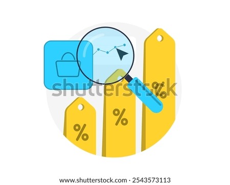Shopping insights for e-commerce, analyzing discount, pricing trends. Magnifying glass over price tags with percentage symbols highlights sales and data-driven purchase decisions. Vector illustration