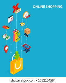 Shopping integrated 3d web icons. Digital network isometric progress concept. Connected graphic design line growth system. Abstract background for shipping delivery and distribution. Vector