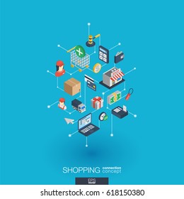 Shopping Integrated 3d Web Icons. Digital Network Isometric Interact Concept. Connected Graphic Design Dot And Line System. Abstract Background For Ecommerce, Market And Online Sales. Vector Infograph