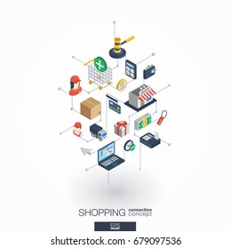 Shopping integrated 3d web icons. Digital network isometric interact concept. Connected graphic design dot and line system. Abstract background for ecommerce, market and online sales. Vector on white.