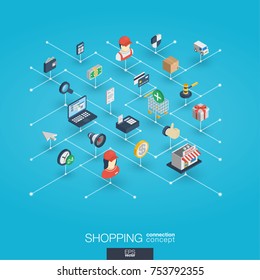 Shopping integrated 3d web icons. Digital network isometric interact concept. Connected graphic design dot and line system. Abstract background for ecommerce, market and online sales. Vector Infograph