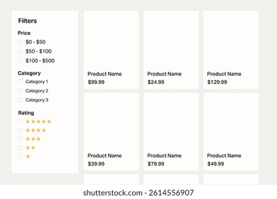 Shopping interface showing product tiles and filter options by category and price