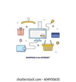 Shopping in the internet banner made in line style