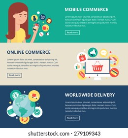 Shopping and internet commerce banners: mobile commerce, online commerce, worldwide delivery. Vector illustration, flat style