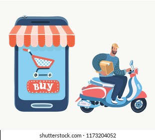 Shopping in internet, delivery, support and add to bag or basket. Buying using smartphone in online store. Vector cartoon illustration in modern concept