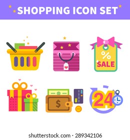 Shopping in internet, order the online store up to the house. Man with tablet buys goods via internet. Vector flat illustration and icon set