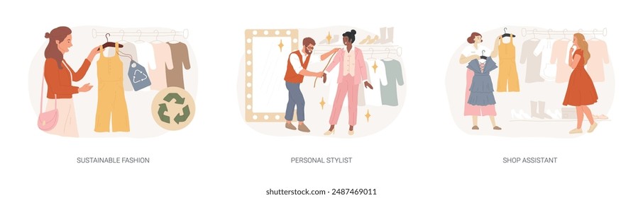 Shopping isolated concept vector illustration set. Sustainable fashion, personal stylist, shop assistant, organic clothes, man and woman style, dressing room, customer service vector concept.