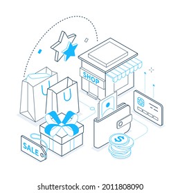 Shopping - isometric blue and black line illustration. Special offers and discounts idea. Credit card, cash payments, gifts, bargains, stars, wallet, coins, dollar images