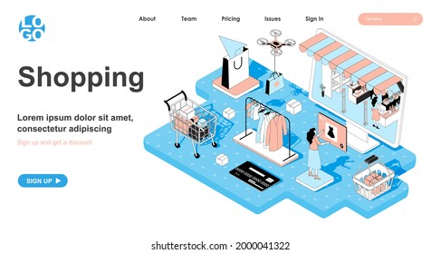 Shopping isometric concept. Woman buys clothes in store sale. Customer makes purchases in online application of shop, line flat isometry web banner. Vector illustration in 3d design for landing page