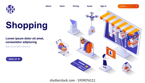 Shopping isometric landing page. Buyer buys retail or online isometry concept. Customer choosing clothes, payment purchases 3d web banner. Vector illustration with people characters in flat design