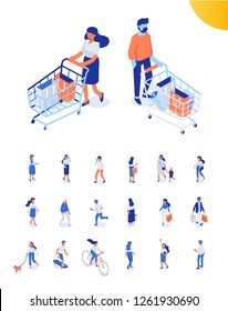 Shopping isometric people. Isometric Women and men characters with shopping bags and shopping carts isolated on white. Flat vector illustration.