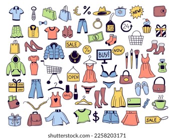 Shopping items. Clothes gadgets market products delivery symbols recent vector pictures in doodle style