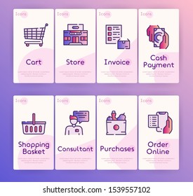Shopping items color icons set. Supermarket, cash register, security. Cash and card payments. Industrial and food products symbols. Purchase, bargain concept. Isolated illustrations