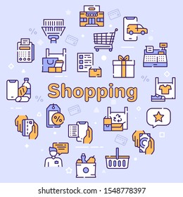 Shopping Items Color Icons Set. Supermarket, Cash Register, Security. Cash And Card Payments. Industrial And Food Products Symbols. Purchase, Bargain Concept. Isolated Illustrations