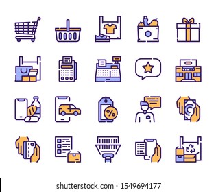 Shopping items color icons set. Supermarket, cash register, security. Cash and card payments. Industrial and food products symbols. Purchase, bargain concept. Isolated illustrations