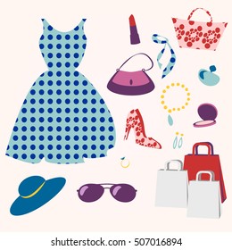 Shopping items set. Fashion, clothes and accessories