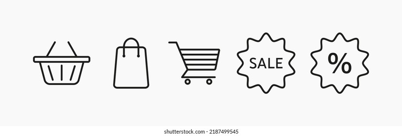 Shopping items set icon. Shopping cart, bag, package, discount sticker, label, buy, purchase, shop, store, customer, packet. Sale concept. Vector line icon for Business and Advertising.