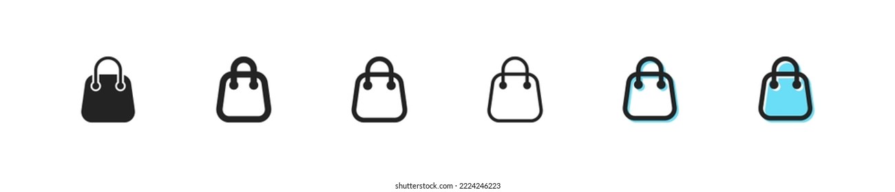 Shopping items set icon. Shopping cart, bag, package, discount sticker, label, buy, purchase, shop, store, customer, packet. Sale concept. Vector black line icon on white background