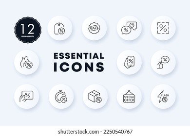 Shopping items set icon. Shopping cart, bag, package, coupon, flash, discount sticker, label, buy, purchase, shop, store, customer, packet. Sale concept. Neomorphism. Vector line icon for Business