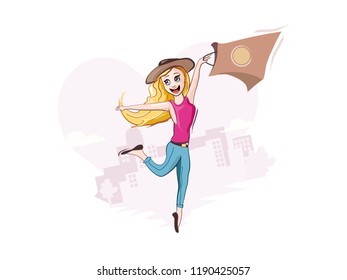 Shopping it`s passion. Ladies real love. Flat happy girl character 