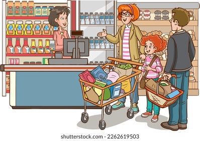 shopping kids and family cartoon vector illustration