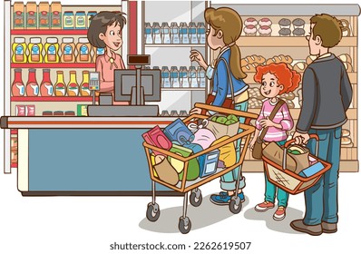 shopping kids and family cartoon vector illustration