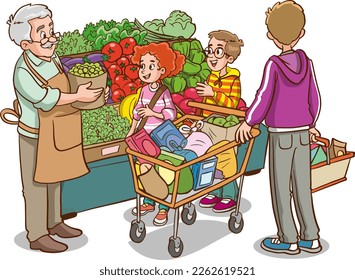 ilustración vectorial de caricaturas familiares y niños de compras