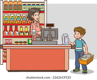 shopping kids and family cartoon vector illustration