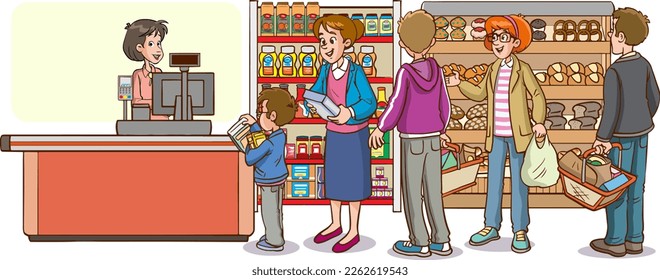 ilustración vectorial de caricaturas familiares y niños de compras