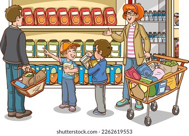 shopping kids and family cartoon vector illustration