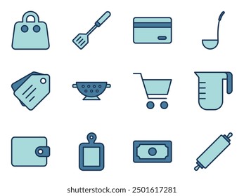 shopping and kitchen tools icon symbol vector template collection