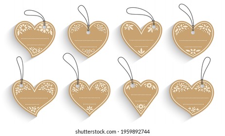 Shopping label paper craft set. Brown cardboard sale romantic empty gift tag, coupon, badge design template. Various blank heart shape discount ticket collection. Fashionable retro card text frame